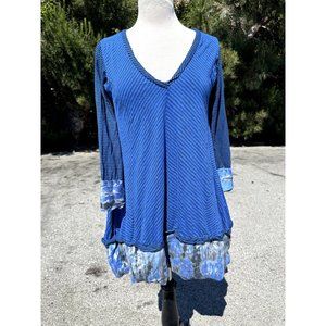 Plenty by Tracy Reese Dress Women Small Blue Stripe V-Neck Long Sleeve Trim Silk